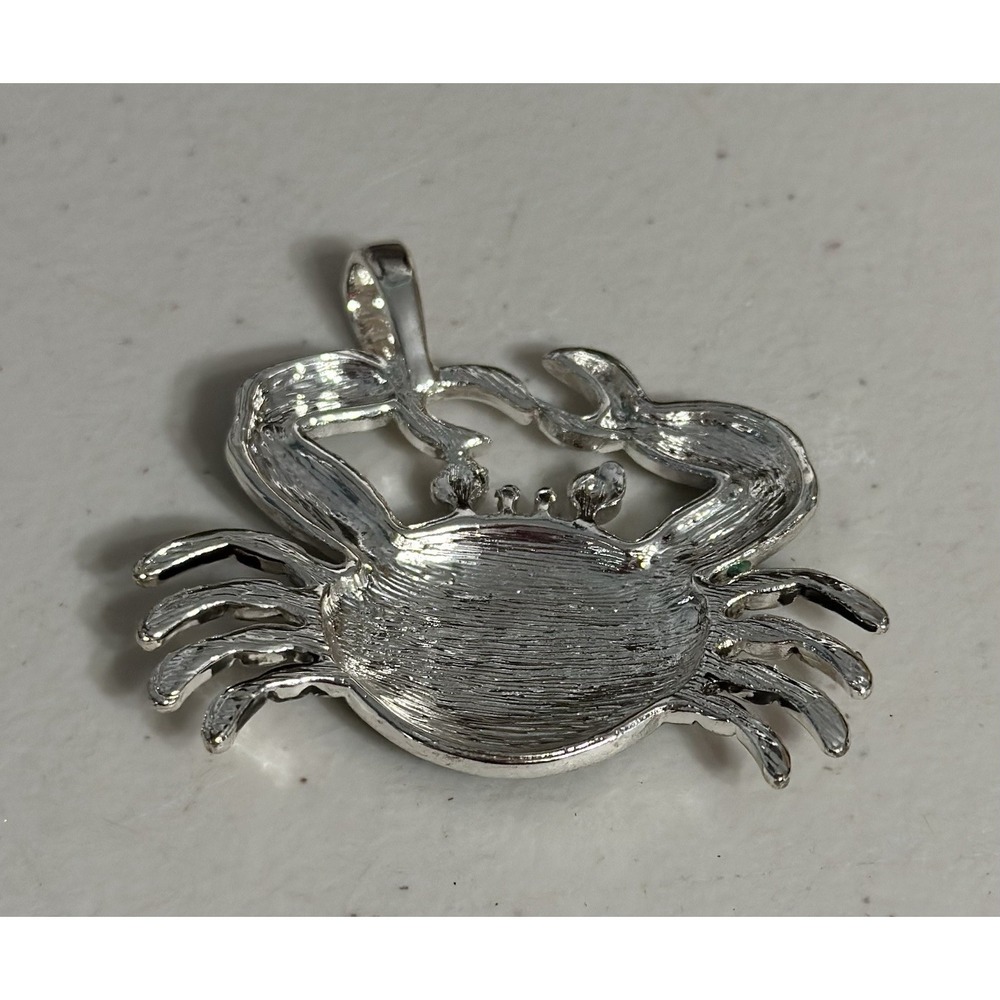 Green Enamel Crab Pendant Silver Tone Beach Nautical Ocean Sea Charm Large NEW - Picture 4 of 5